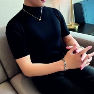 Slim Fit Half Turtleneck Knitted Short Sleeved T-Shirt