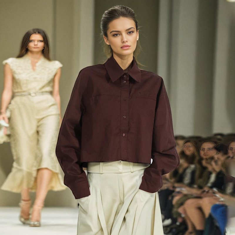 Minimalist style women's casual loose solid color long sleeved short shirt