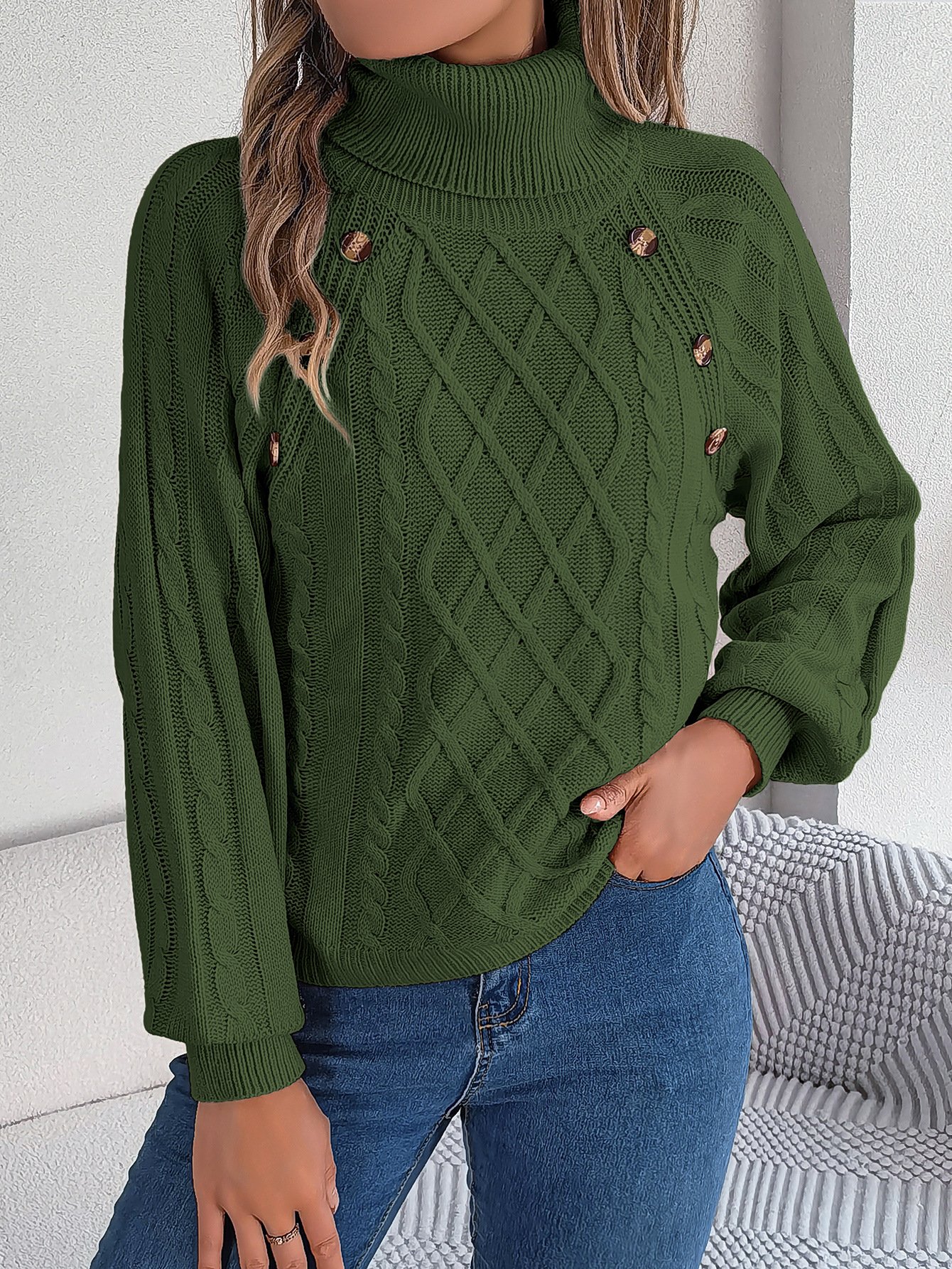 Women's autumn and winter fashion casual solid color button twist high collar lantern sleeve pullover sweater - Image 10