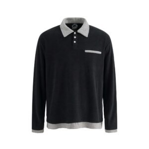 Streetwear  Color-block Spliced Turn-down Collar Minimalist Long Sleeve Polo Shirt Unisex Trendy Loose Casual Top