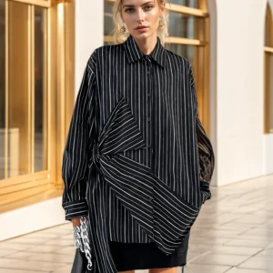 Fashion Women's Black Striped Shirt Lapel Loose Single Breasted Bow Irregular Long Sleeves Blouse Autumn  New