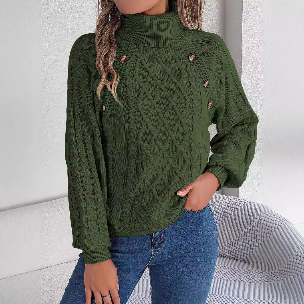Women's autumn and winter fashion casual solid color button twist high collar lantern sleeve pullover sweater - Image 4