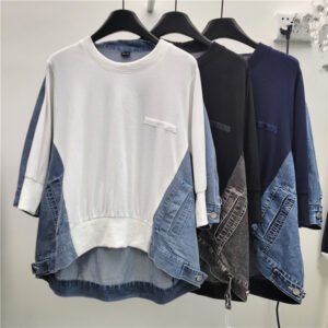 Retro style front short back long irregular patchwork denim design, round neck loose batball sleeve top for women