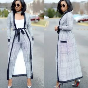 Striped Wide-Legged Pants with Long Coat 3 Piece Suit Big Elastic For Lady