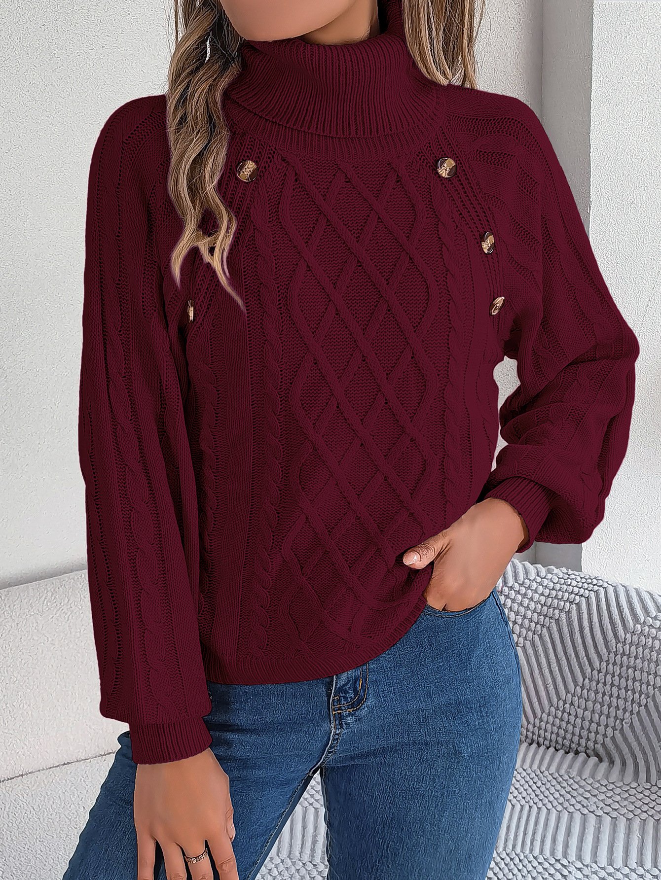 Women's autumn and winter fashion casual solid color button twist high collar lantern sleeve pullover sweater - Image 8