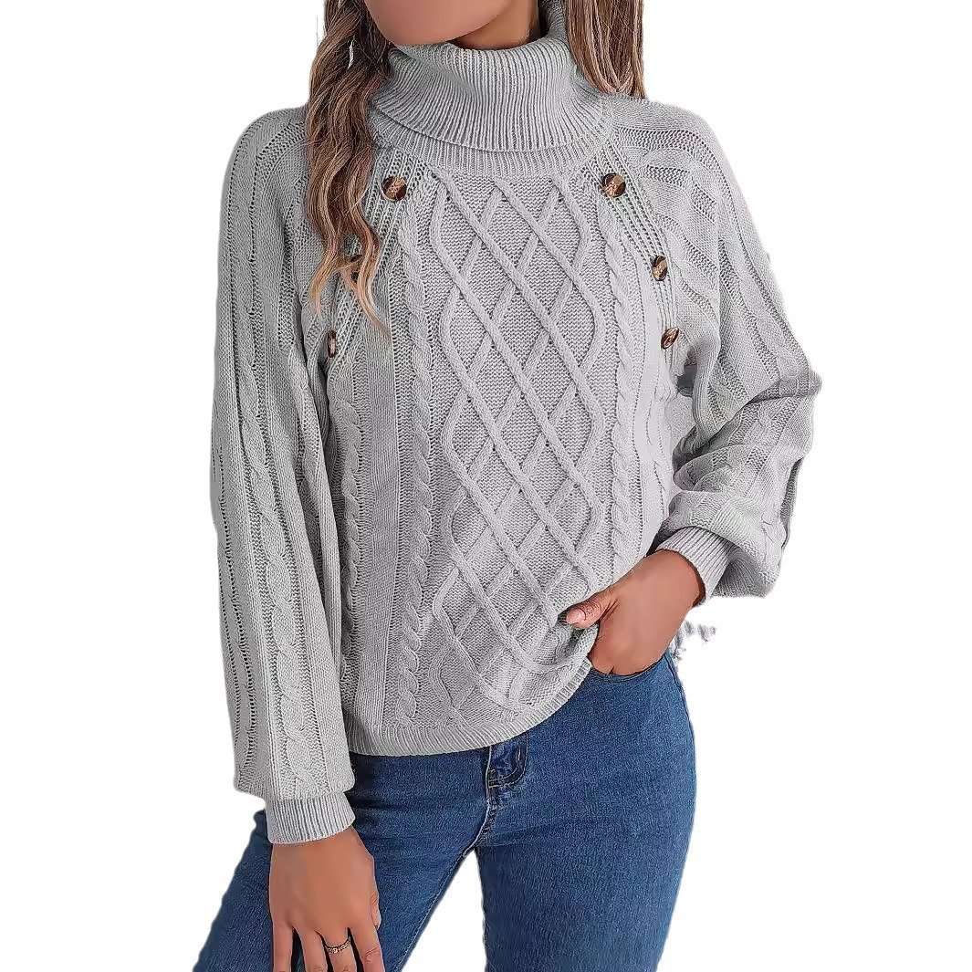 Women's autumn and winter fashion casual solid color button twist high collar lantern sleeve pullover sweater - Image 5
