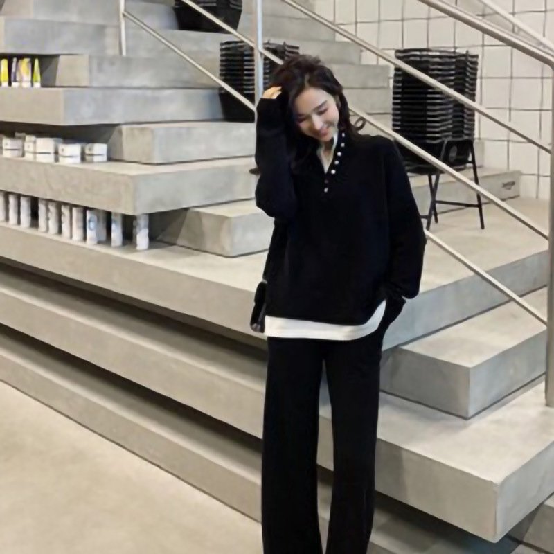 Knitted Sweater Sports Suit Women's Autumn And Winter New Loose Wide-Leg Pants Two-Piece Set - Image 5