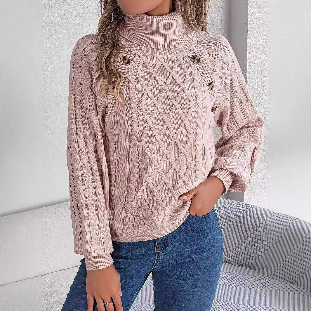 Women's autumn and winter fashion casual solid color button twist high collar lantern sleeve pullover sweater - Image 2