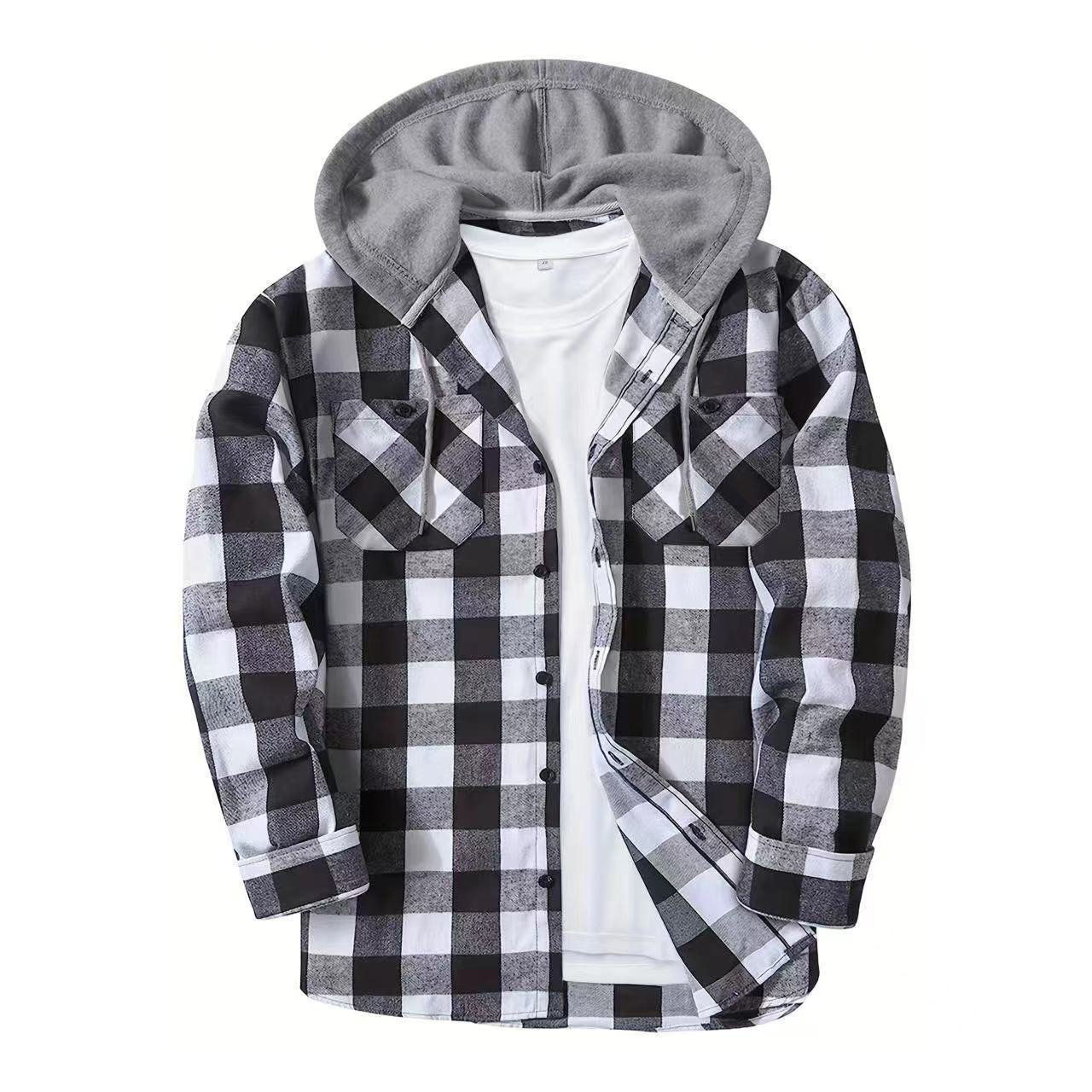 European grid hooded inch shirt hooded shirt men's casual shirt - Image 6