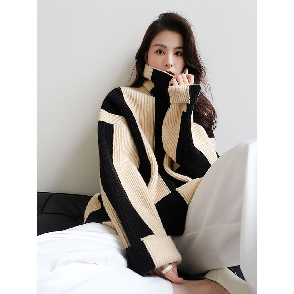 Lazy style high neck pullover with black and white striped sweater for women, suitable for autumn and winter wear. Gentle soft and sticky jacket, knitted top, thick - Image 2