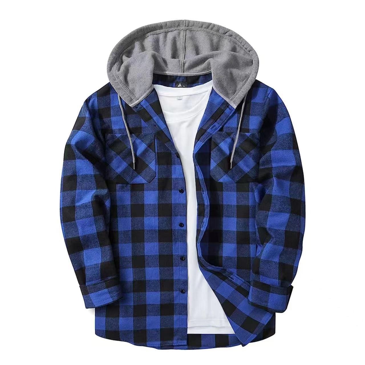 European grid hooded inch shirt hooded shirt men's casual shirt - Image 3