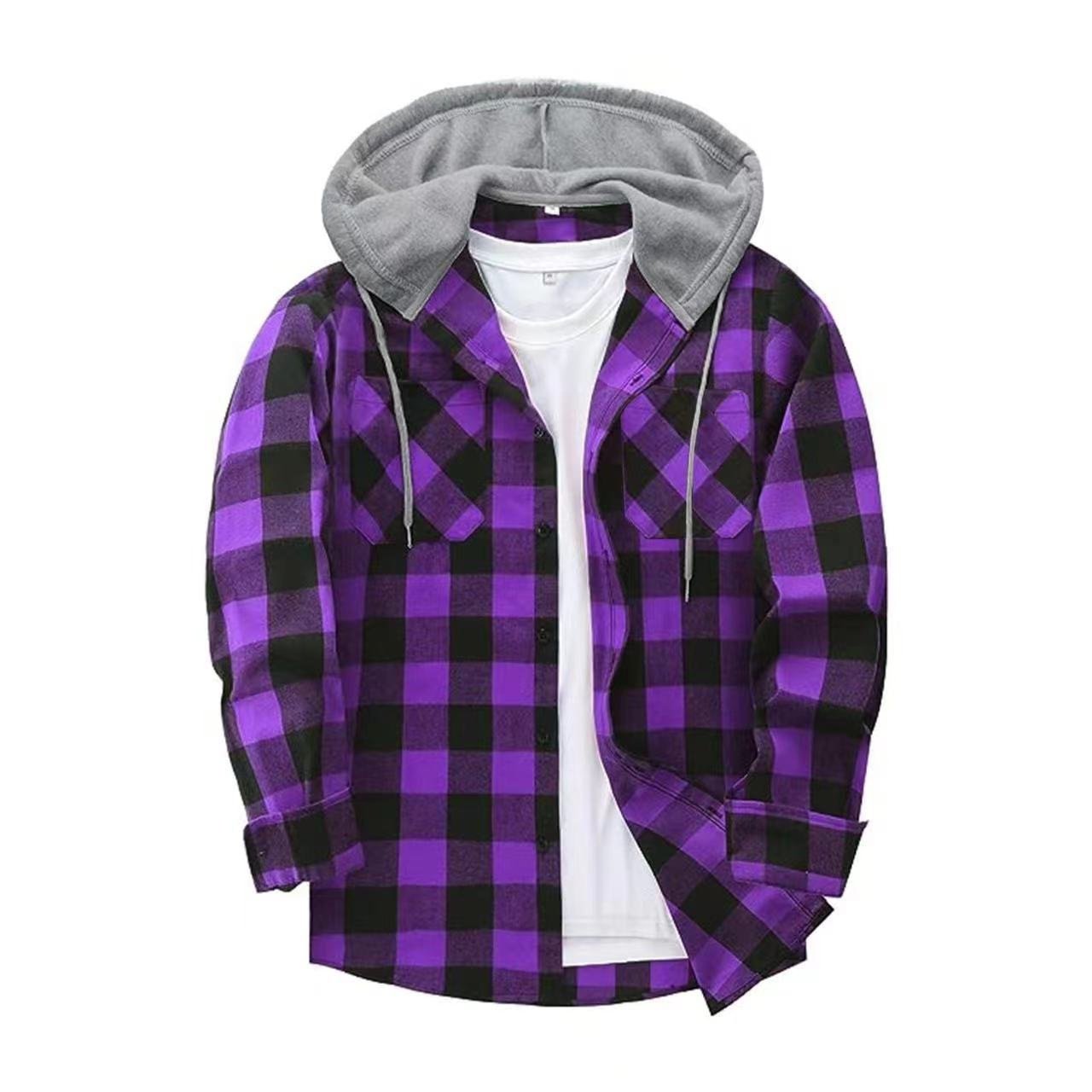 European grid hooded inch shirt hooded shirt men's casual shirt - Image 5