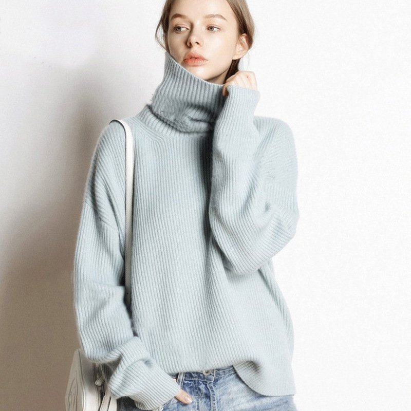 Autumn and winter high neck sweater for women, European and American style, thick and loose short style, pullover, free collar, lazy knit base sweater - Image 2