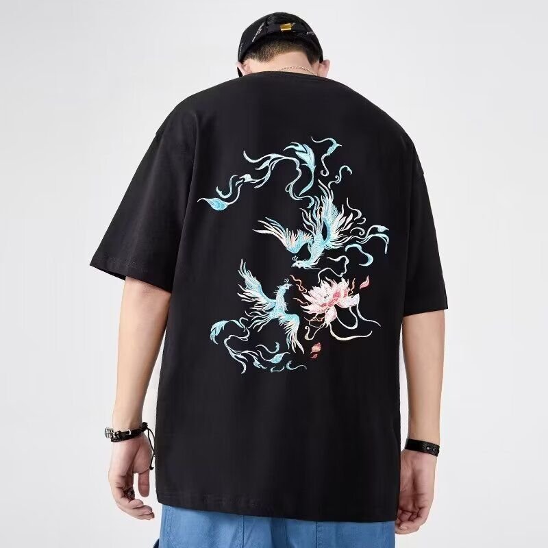 Phoenix Embroidered T-shirt Solid Color Simple Half Sleeve Trendy Short Sleeve Summer New Men's Clothing - Image 2