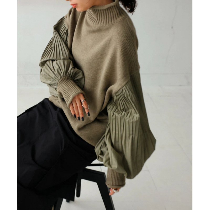 High neck patchwork women's pleated sleeves loose casual women's top knitted sweater jacket - Image 3