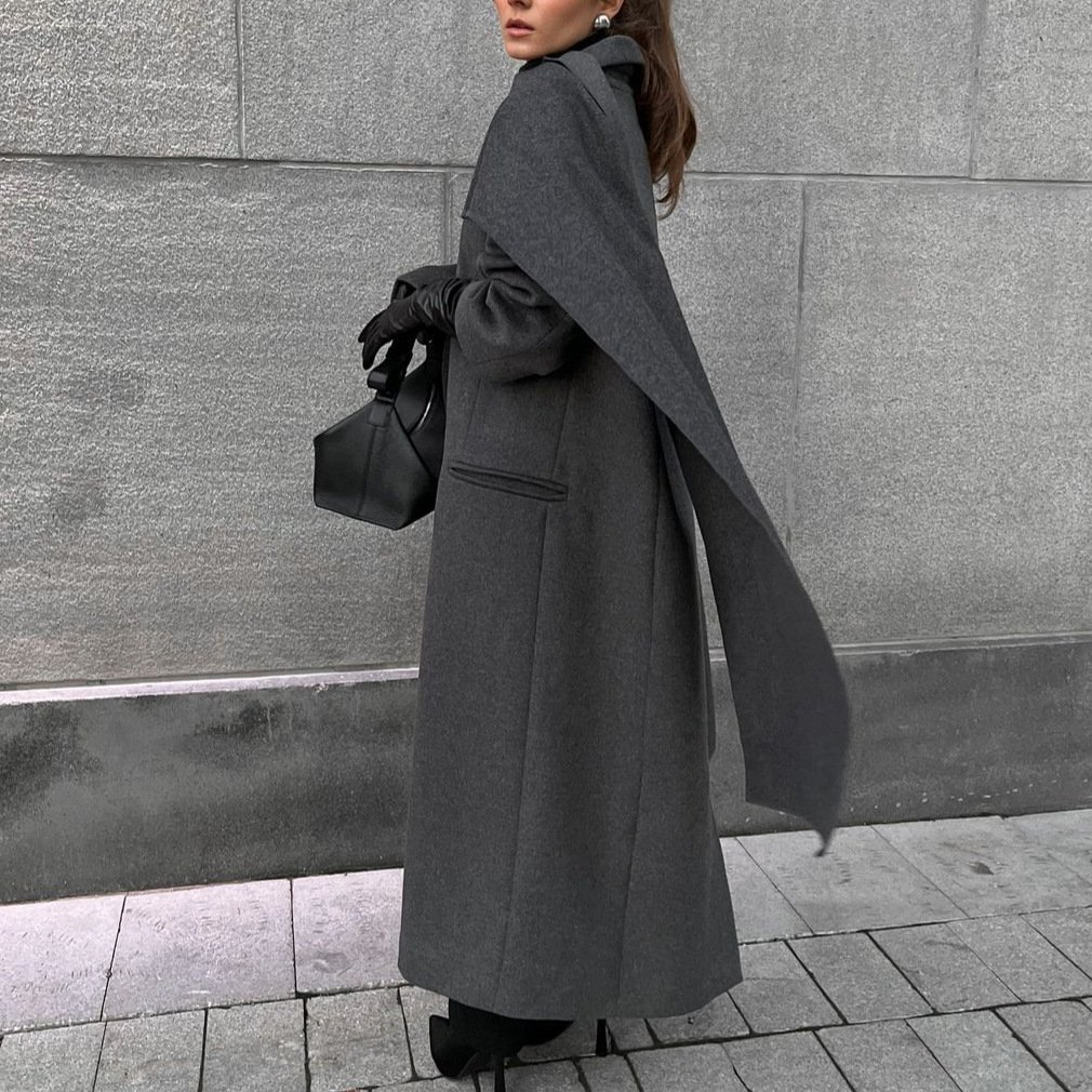 Scarf collar coat cloak long vintage coat gray fashion jacket