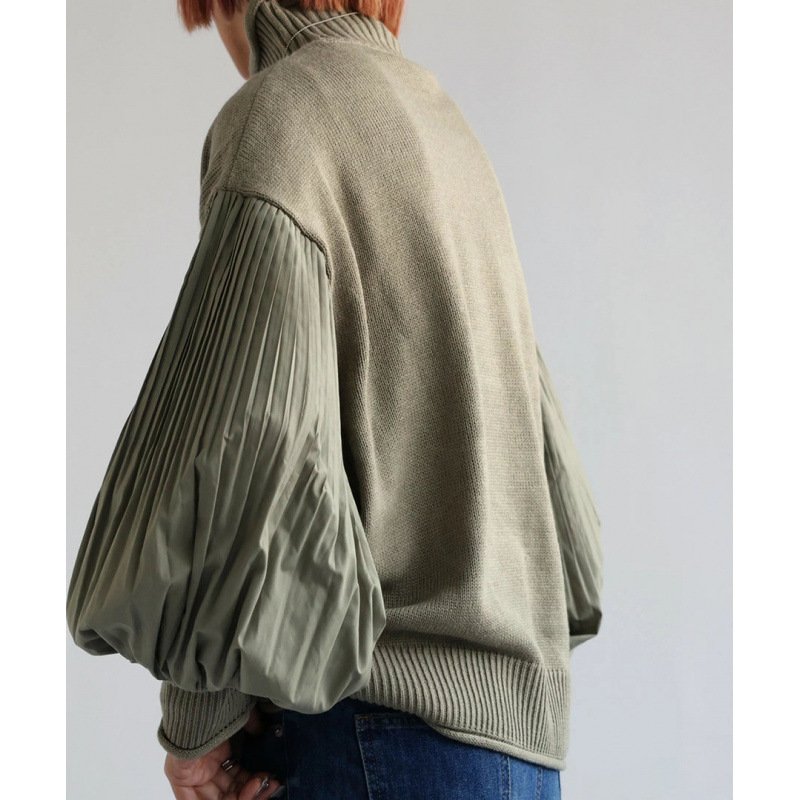 High neck patchwork women's pleated sleeves loose casual women's top knitted sweater jacket - Image 4