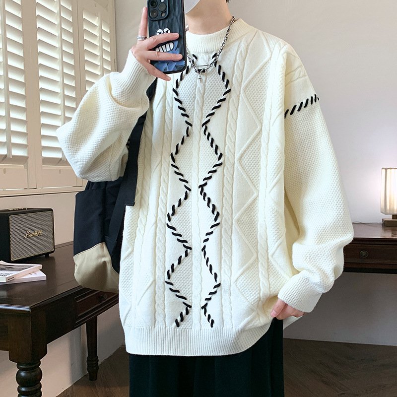 Round neck sweater, men's trendy brand, paired with a woolen sweater inside - Image 4