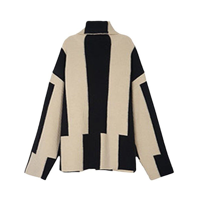 Lazy style high neck pullover with black and white striped sweater for women, suitable for autumn and winter wear. Gentle soft and sticky jacket, knitted top, thick - Image 5