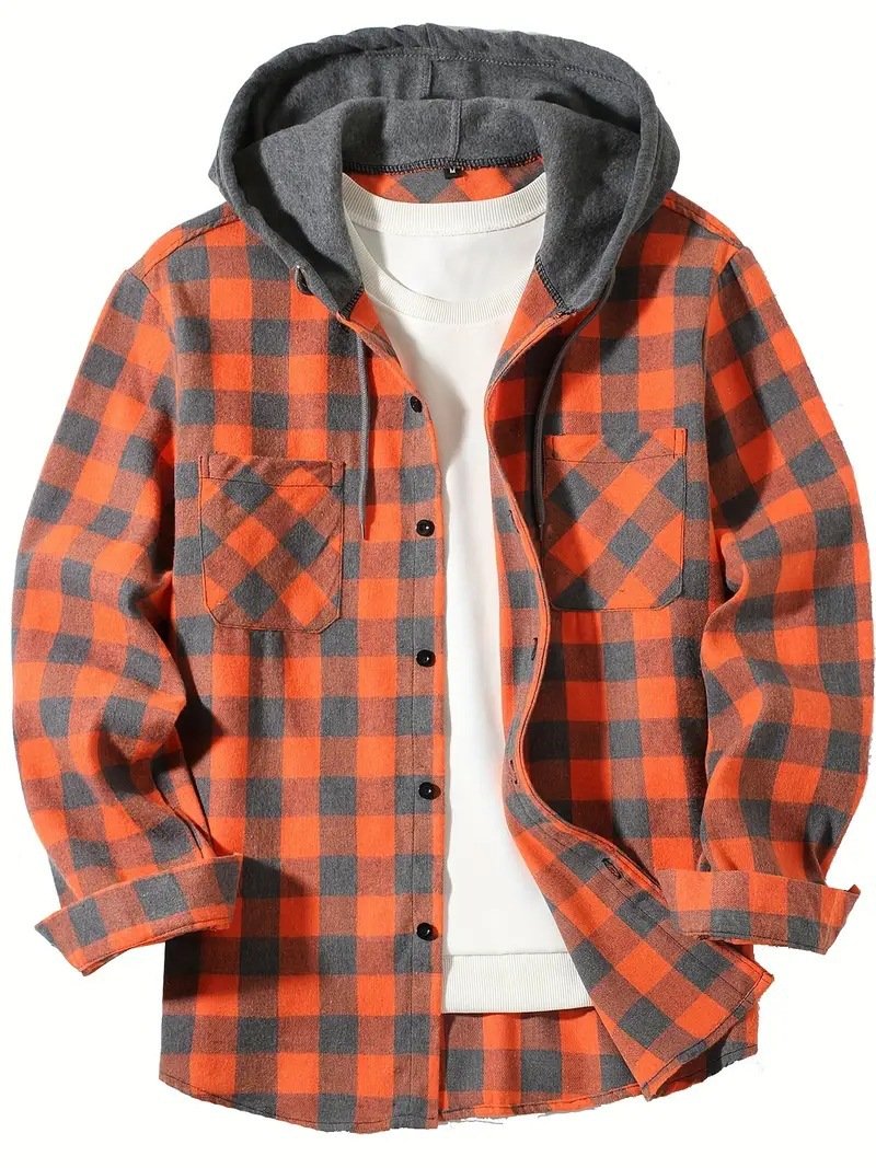 European grid hooded inch shirt hooded shirt men's casual shirt - Image 12