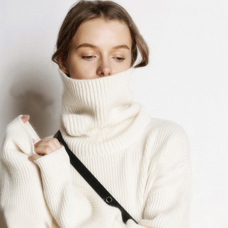 Autumn and winter high neck sweater for women, European and American style, thick and loose short style, pullover, free collar, lazy knit base sweater - Image 4