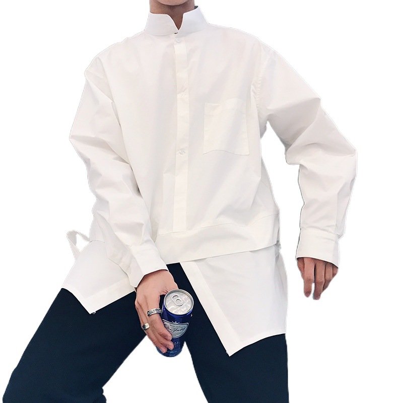 Shirt men's two loose pullover shirt men's handsome long sleeved top internet famous clothes men solid color - Image 4