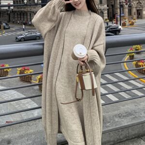 Lazy style long vest dress knitted cardigan set autumn and winter thick temperament versatile sweater jacket
