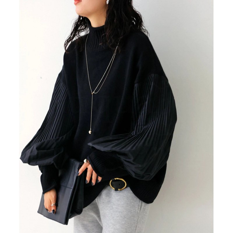High neck patchwork women's pleated sleeves loose casual women's top knitted sweater jacket - Image 5
