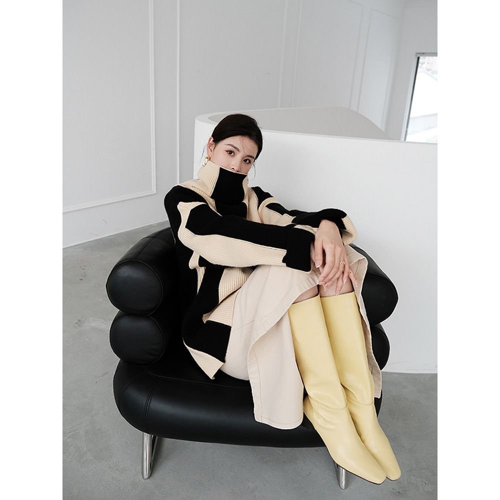 Lazy style high neck pullover with black and white striped sweater for women, suitable for autumn and winter wear. Gentle soft and sticky jacket, knitted top, thick - Image 4