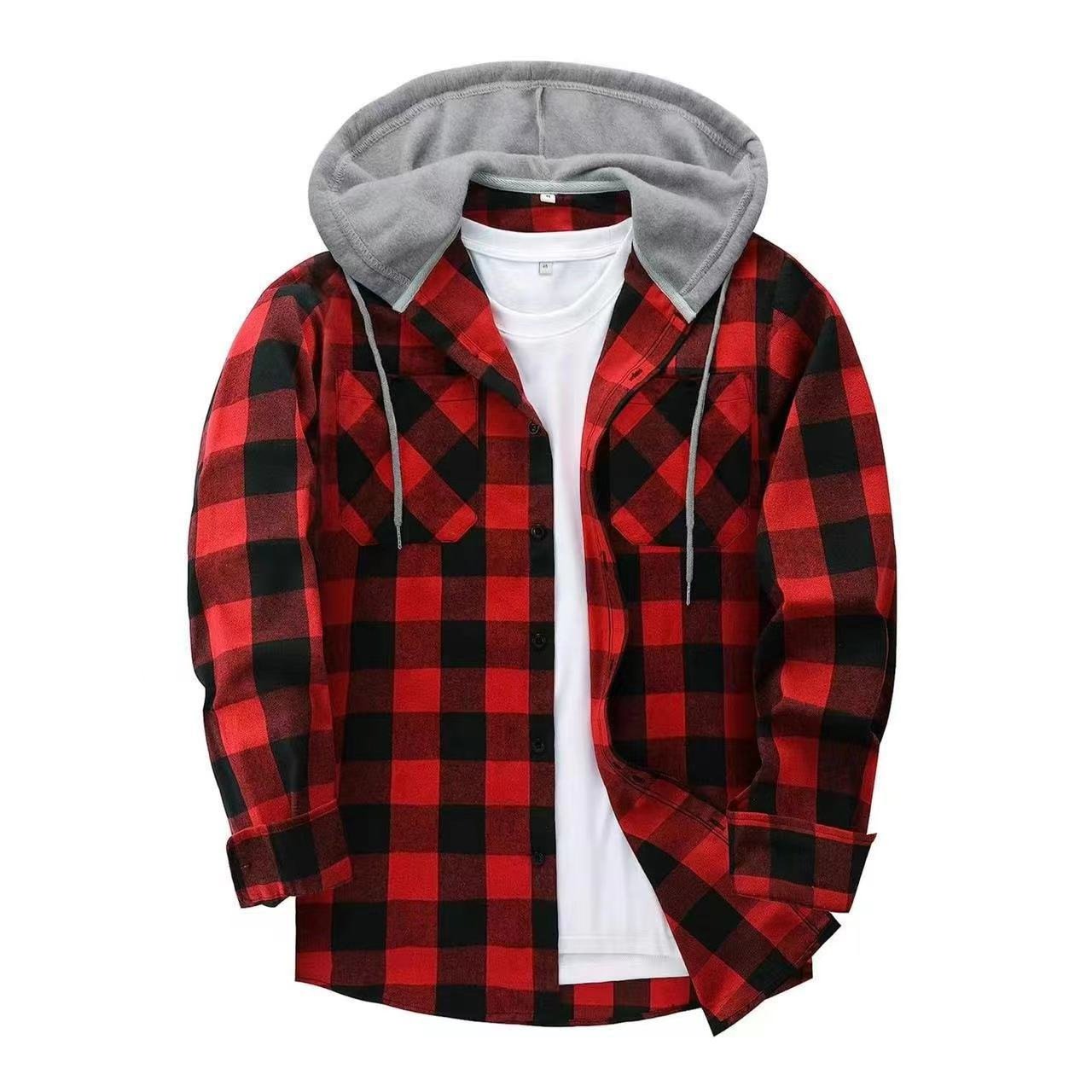 European grid hooded inch shirt hooded shirt men's casual shirt - Image 2
