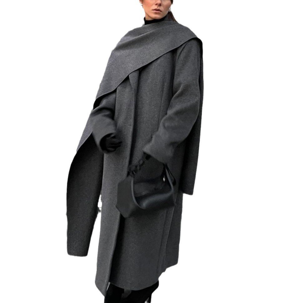 Scarf collar coat cloak long vintage coat gray fashion jacket - Image 5
