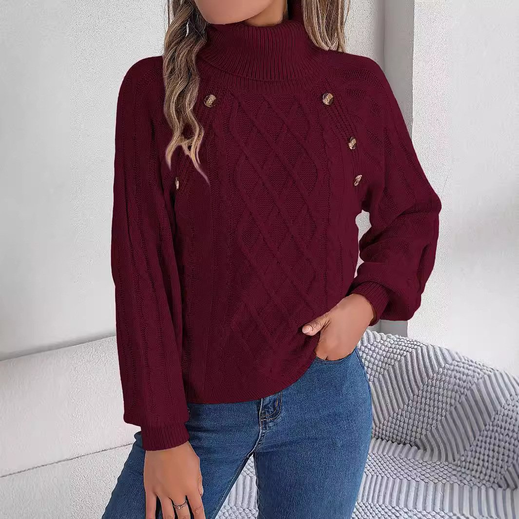 Women's autumn and winter fashion casual solid color button twist high collar lantern sleeve pullover sweater - Image 3