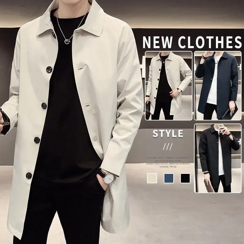 Men's Medium-Length Casual Trench Jacket Overcoat, trendy British Style Spring Autumn new Arrival
