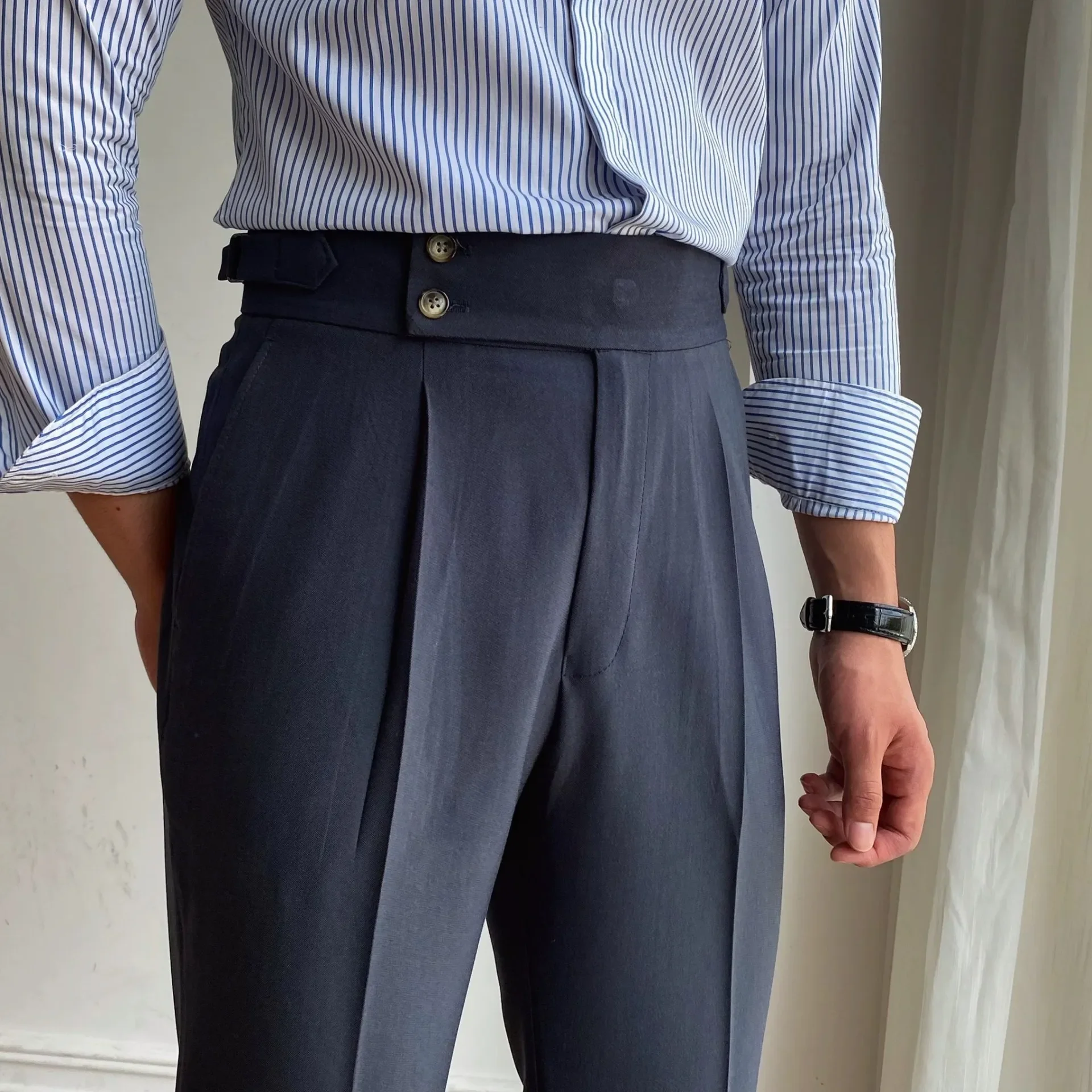 New 2025 White High Waist Straight Leg Casual Men's Pants Iron-Free Business Style Naples Loose Fit Long West Trousers - Image 3