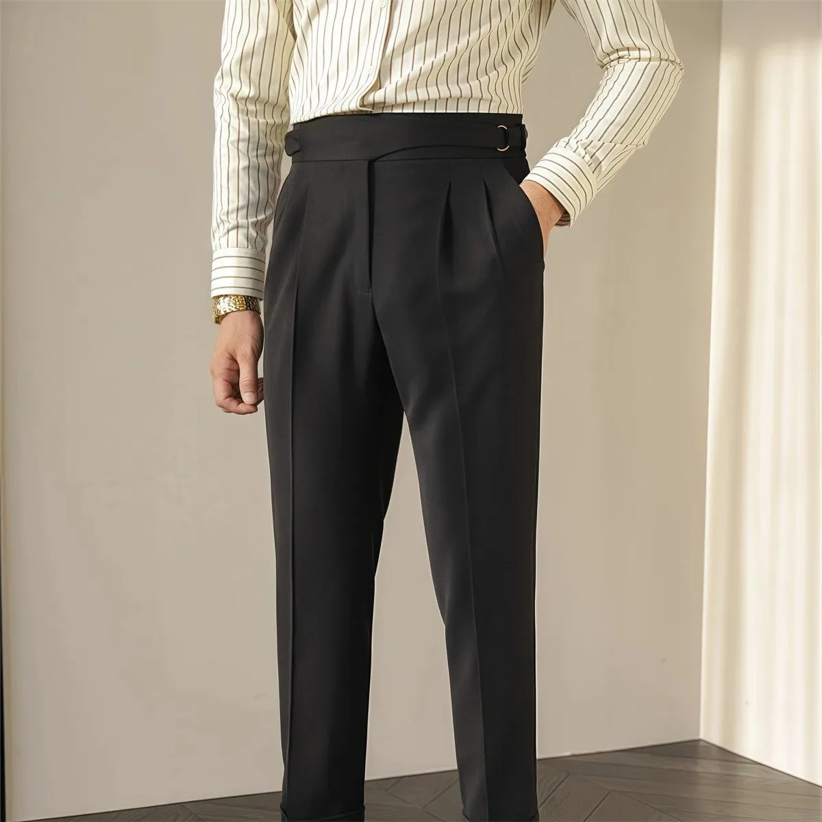 Paris Buckle Men's Suit Pants High Waist Slim Fit British Style Vintage Business Casual Straight Leg High Rise Long Trousers - Image 7