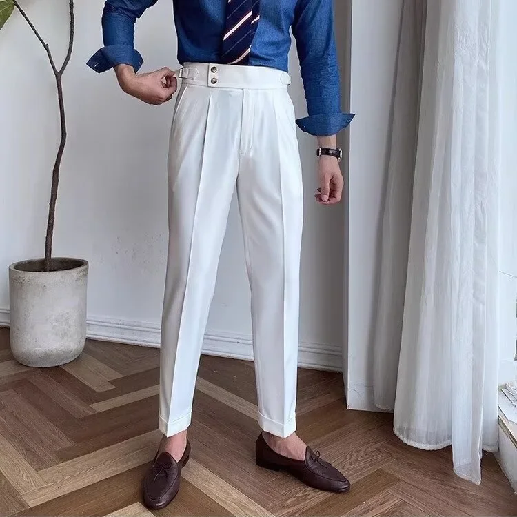 New 2025 White High Waist Straight Leg Casual Men's Pants Iron-Free Business Style Naples Loose Fit Long West Trousers - Image 4