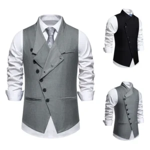 Men's Wedding and Party Vest with Diagonal Front Placket and Single-Button Closure