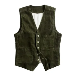 Men Waistcoat V-Neck Sleeveless Single Breasted Vest Coat With Multi-pocket Design Solid Color Corduroy Casual Denim Waistcoat