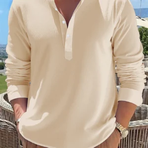 Men's Henley Neck Long Sleeve Shirts Summer Solid Color Stand Up Collar Casual Beach Breathable Lightweight Fashion Tops