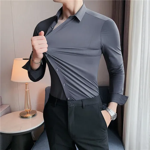 Plus Size 4XL-M High Elasticity Seamless Shirts Men Long Sleeve Top Quality Slim Casual Luxury Shirt Social Formal Dress Shirts - Image 10