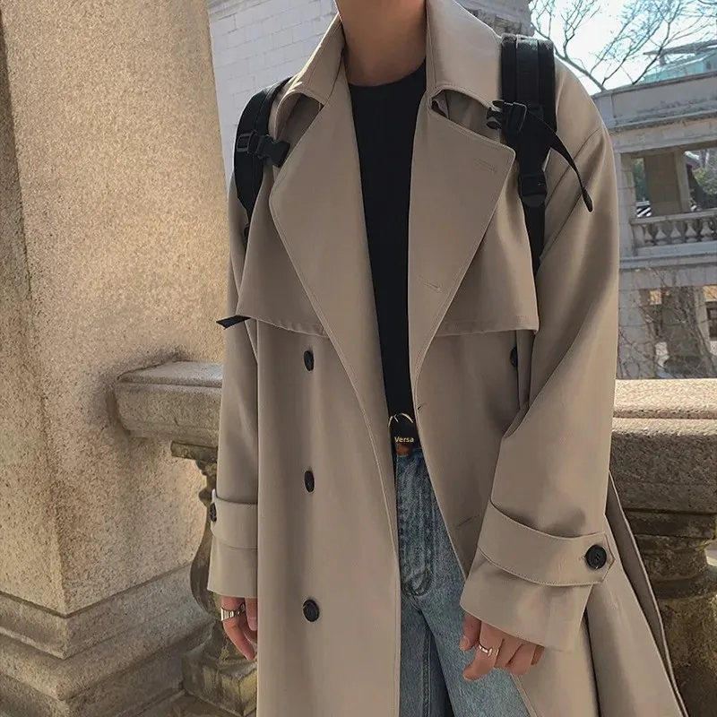 Casual Mid-Length Over-Knee Men's Windbreaker Coat Double-Row Buttons Loose Fashionable Jacket for Spring And Autumn - Image 3