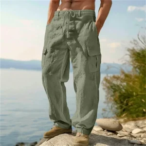 Men's Casual Trousers Loose Comfortable cargo pants Pants Man Cotton Linen multi-pocket Straight trousers Beach thin men Pants