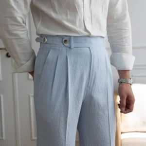Summer Men's Suit Pants High Waist Bubble Cloth Casual Striped Italian Style British Small Capital Blue Stripe West Pants