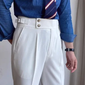 New 2025 White High Waist Straight Leg Casual Men's Pants Iron-Free Business Style Naples Loose Fit Long West Trousers