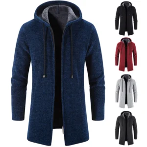 Men's Winter Hooded Cardigan Trench Coat Streetwear Solid Color Windbreaker Leisure Fashion Fleece-lined Jacket Vintage Hoodie