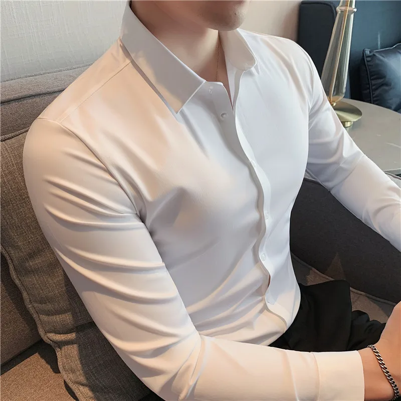 Plus Size 4XL-M High Elasticity Seamless Shirts Men Long Sleeve Top Quality Slim Casual Luxury Shirt Social Formal Dress Shirts - Image 8