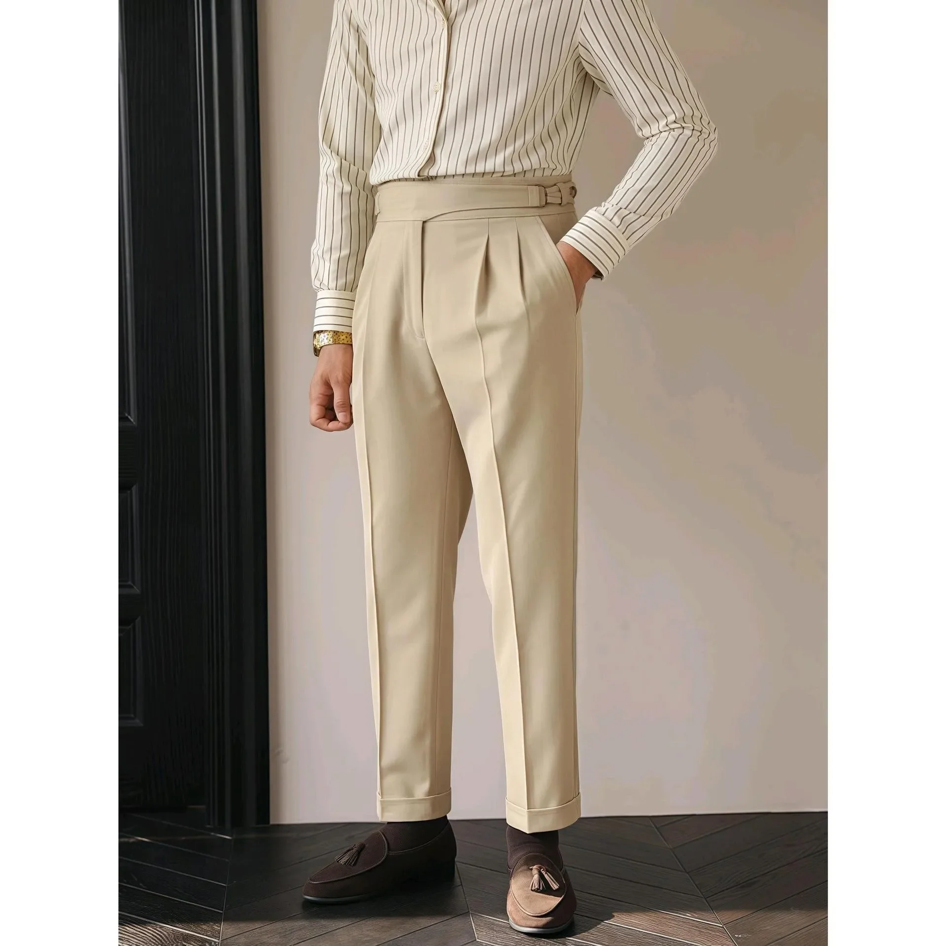 Paris Buckle Men's Suit Pants High Waist Slim Fit British Style Vintage Business Casual Straight Leg High Rise Long Trousers - Image 4