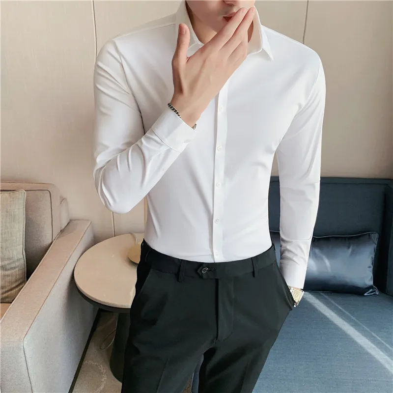 Plus Size 4XL-M High Elasticity Seamless Shirts Men Long Sleeve Top Quality Slim Casual Luxury Shirt Social Formal Dress Shirts - Image 5