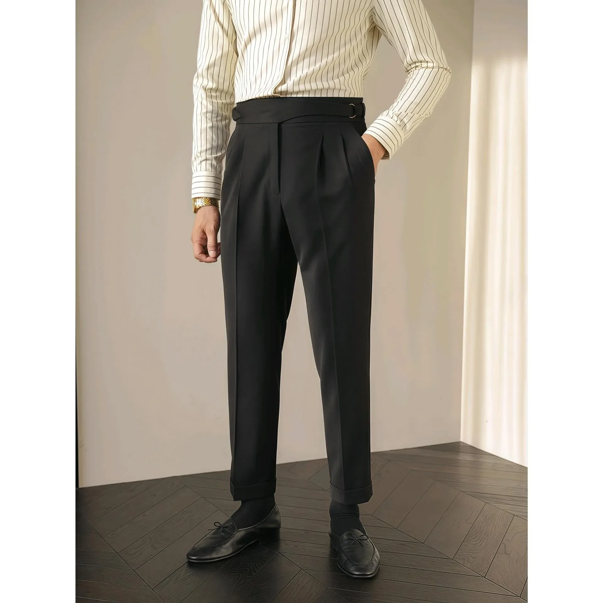 Paris Buckle Men's Suit Pants High Waist Slim Fit British Style Vintage Business Casual Straight Leg High Rise Long Trousers - Image 3