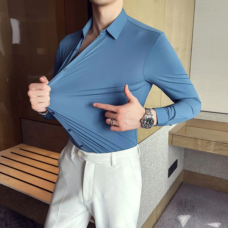 Plus Size 4XL-M High Elasticity Seamless Shirts Men Long Sleeve Top Quality Slim Casual Luxury Shirt Social Formal Dress Shirts - Image 11